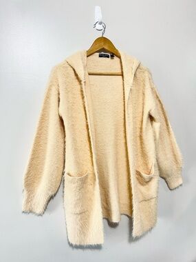 Brave Soul Long Cardigan Plush Fuzzy Knit Hooded Open-Front Cream Size XS Boho